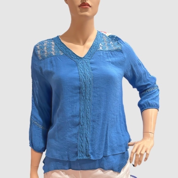 Style & Co Boho Lace Inset Shirt Size XL Turquoise/Aqua V-Neck, Layered Look Hem - Picture 10 of 12